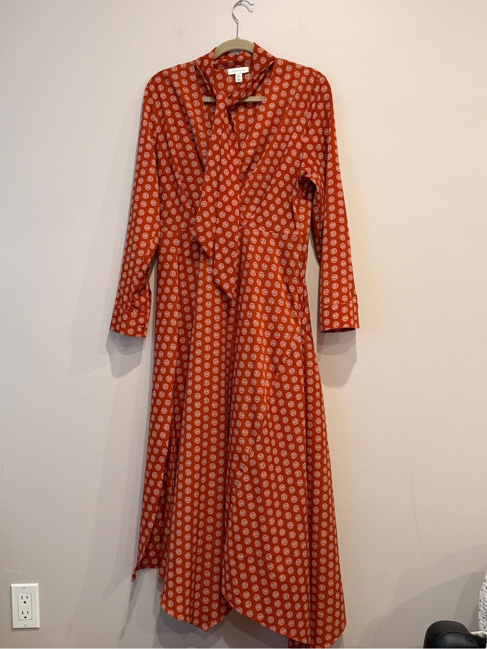 Topshop Horse Coin Print Long Sleeve Asymmetric Midi Dress Rust Orange Size 10